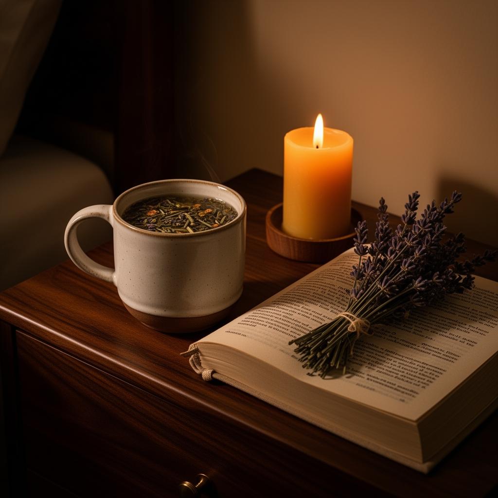An evening ritual: tea, candle, book